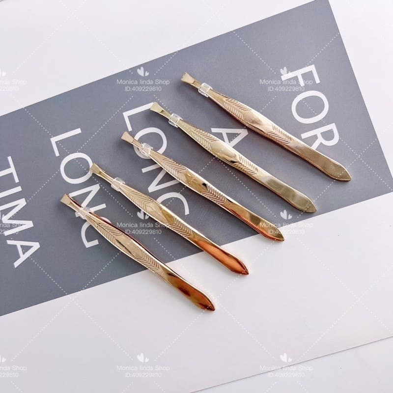 kit 5 Pinça Sobrancelha Aço Inoxidável Banhado A Ouro