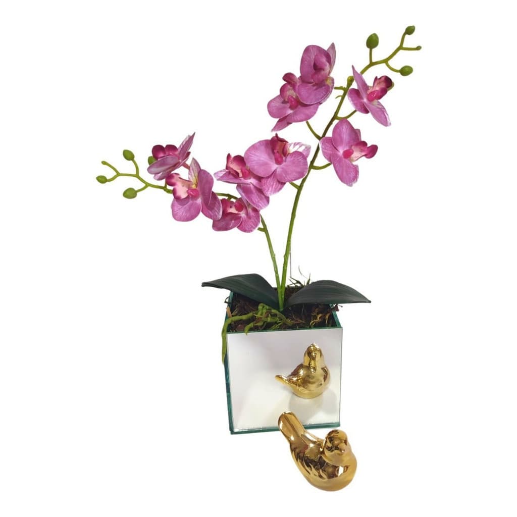 Vaso Espelhado Enfeite Decorativo C/ Flor Orquídeas Silicone