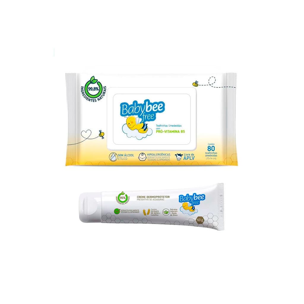 Baby Bee Kit 2un - 1un  Toalhas / Lenços umedecidas com 80un + 1un Pomada Para Assaduras Creme Dermoprotetor - 60g