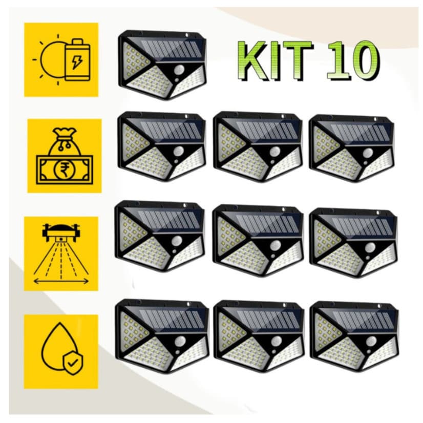 Kit 10 Luminária Solar 100 Led Com Sensor Jardim Prova D'água-YX-100 /Iluminaçao Luca