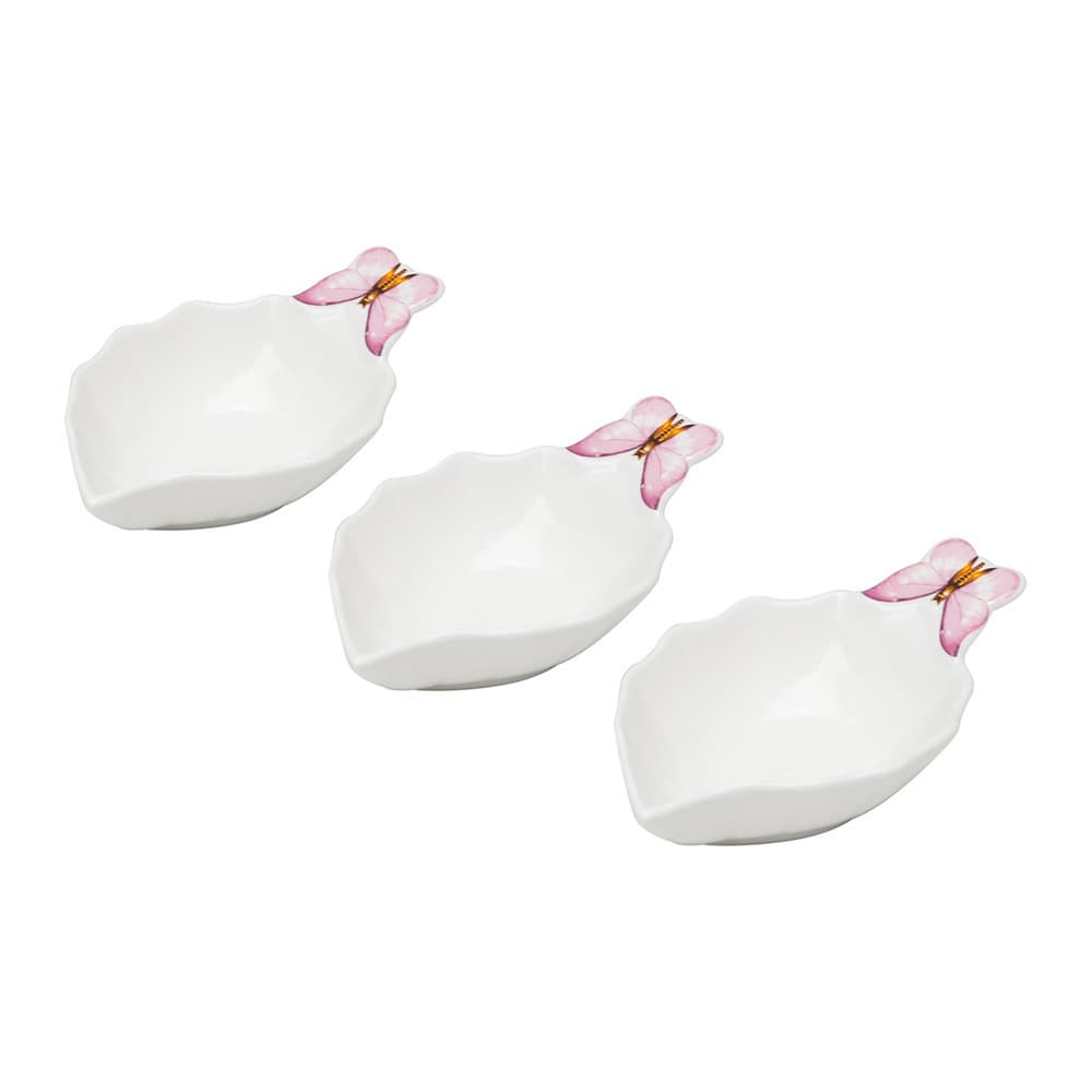 Cj 3 Petisqueiras de Porcelana Branca C/Formato Folha Borboletas 13x7cm Wolff