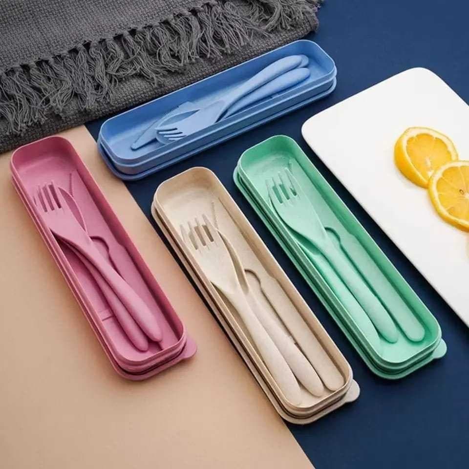 Conjunto De Talheres Ecológicos De Fibra De Trigo Livres De BPA Free Com Estojo Para Transporte