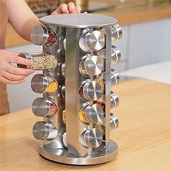 Porta Tempero e Condimento Suporte Giratório Redondo Inox 16 Potes de Vidro + Etiquetas C/ Canetinha 16pts