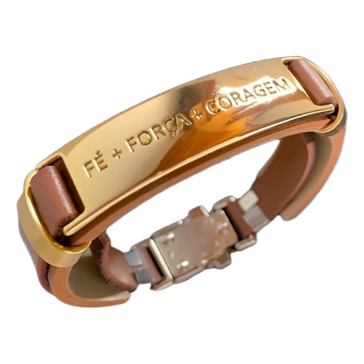 Pulseira Couro Marrom Ajustável Masculina Fé Força Dourada
