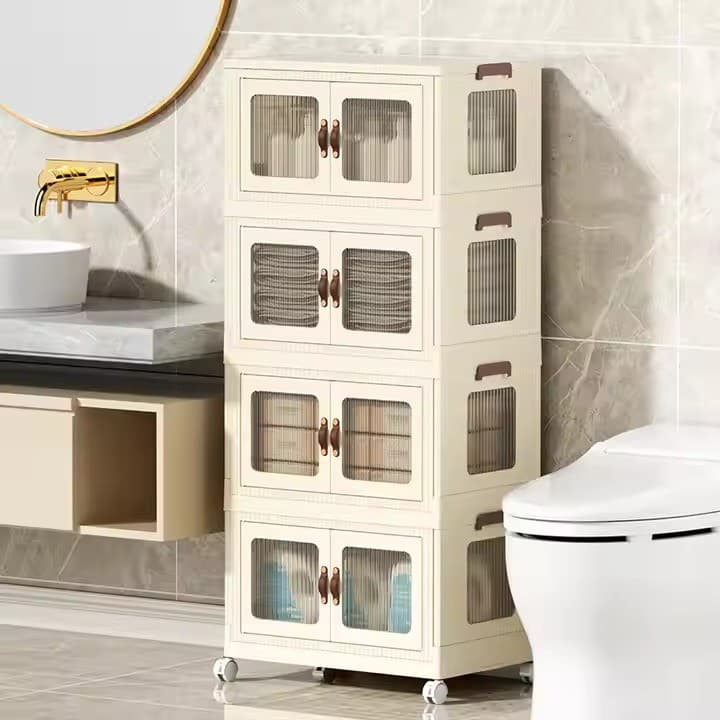 Armário De Plástico Organizador Multiuso Armazenamento Vertical Com Porta Dobrável E Rodinhas