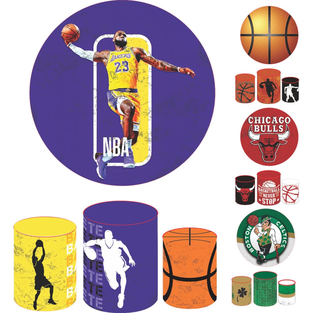 Kit Capas Para Painel Redondo e Cilindro Bola Basquete Times NBA Lebron Bulls Festa Decoração Vários modelos