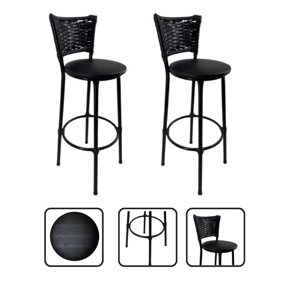 Kit 2 Banquetas Médias Junco Sintético Preto Resistente Balcão Bar Cozinha Fortmix (1 KIT POR COMPRA)