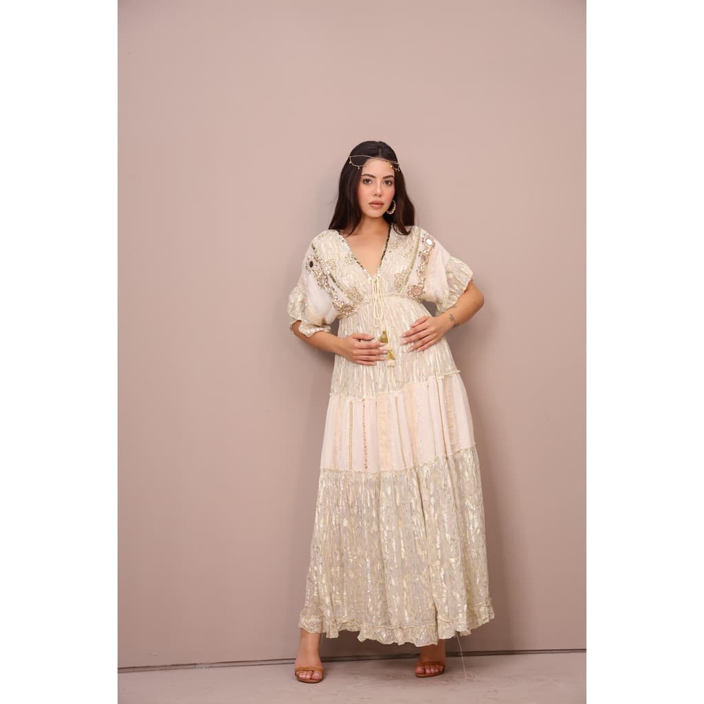 Vestido longo premmium boho bordado renda manga curta WGSI-05-21