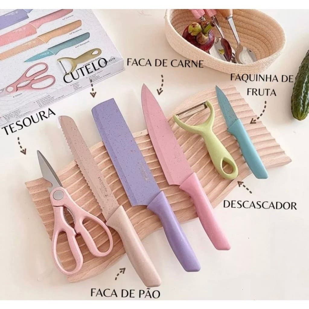 Faca Colorida De Inox Jogo Com Kit 6 Peças Para Processar Legumes,Frutas e Carnes