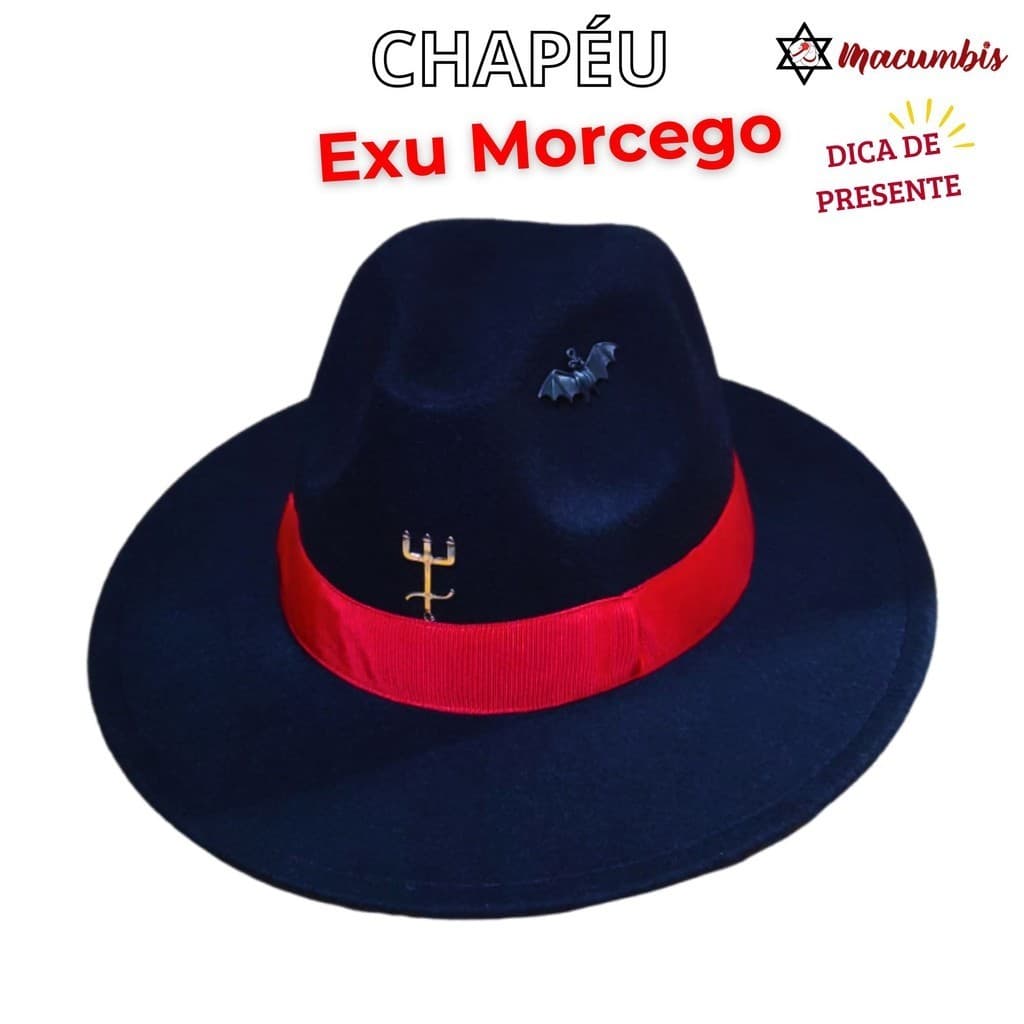 Chapeu Exu Morcego Preto Faixa Vermelha Tridente Feltro