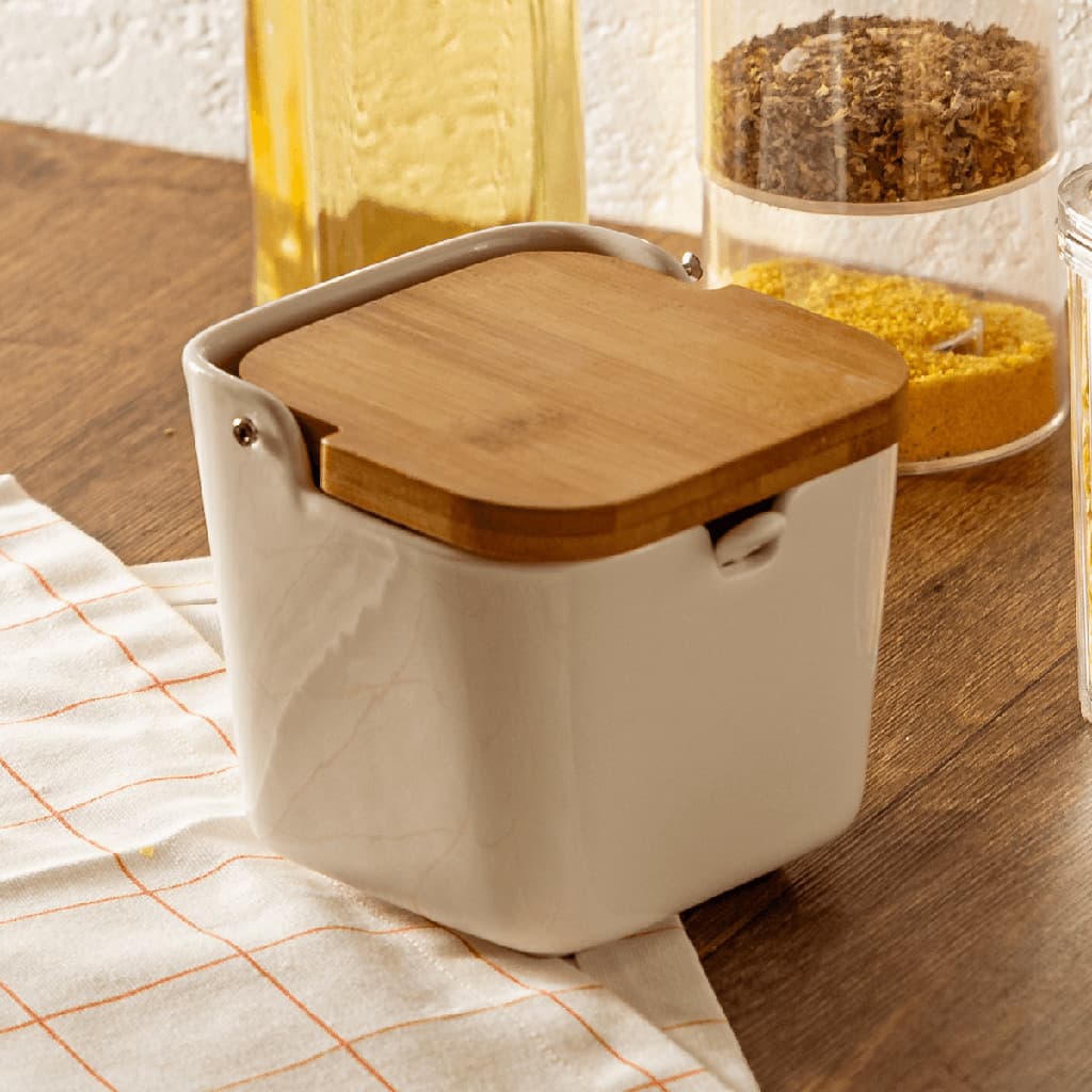 Saleiro Porta Sal Saleira de Porcelana Tampa de Bambu Mesa 9x8,5cm Bancada com Colher pronta entrega