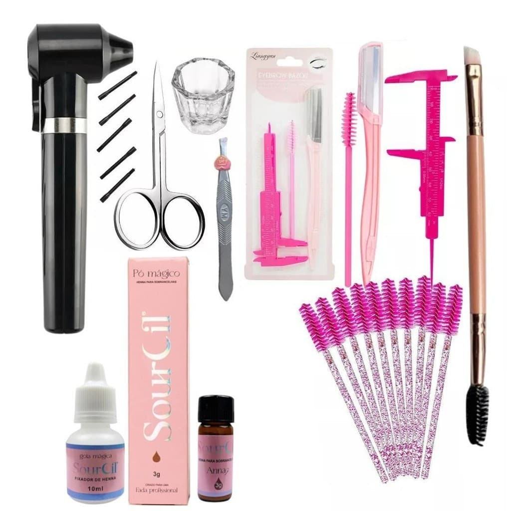 Kit sobrancelha henna sourcil iniciante mixer misturador pincel escovinha navalha tesoura paquimetro
