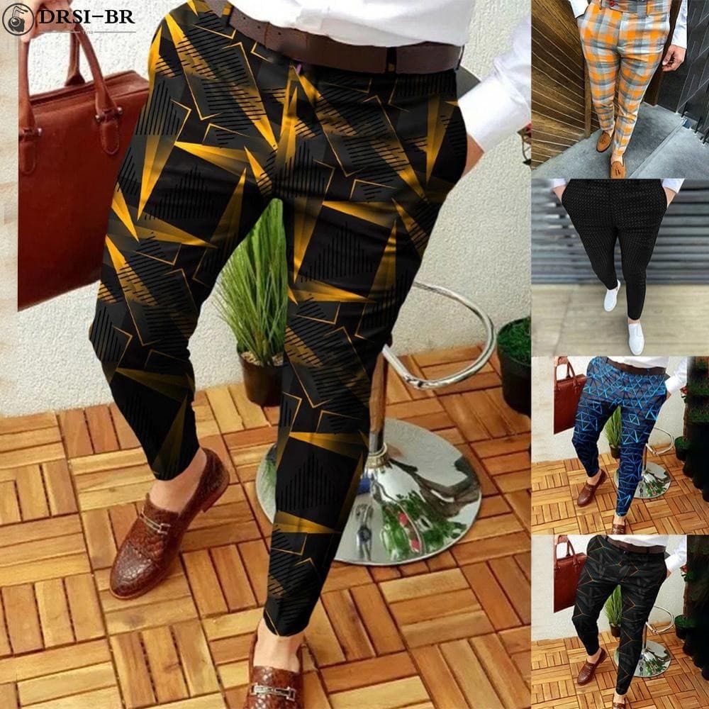 Homens slim fit casual estiramento trabalho impresso calças xadrez negócio durável