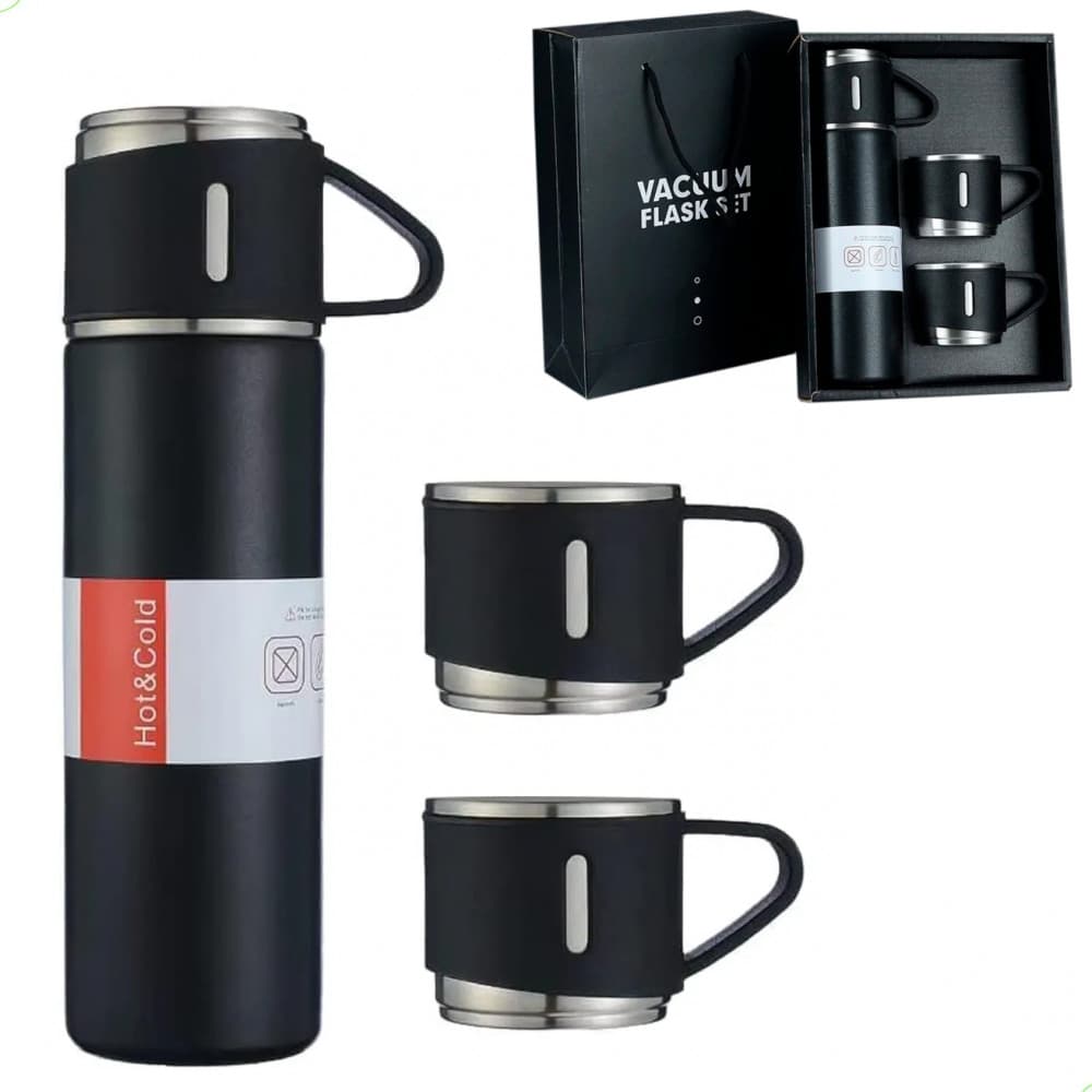 Kit Garrafa Termica Vacuum Flask Set 500ml Inox c/ 3 Xícaras