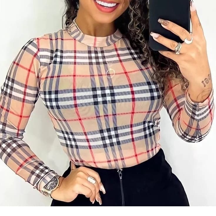 Body Tule Feminino tranparencia- Xadrez Manga Longa tendencia / Bodi xadrez moda inverno pluz