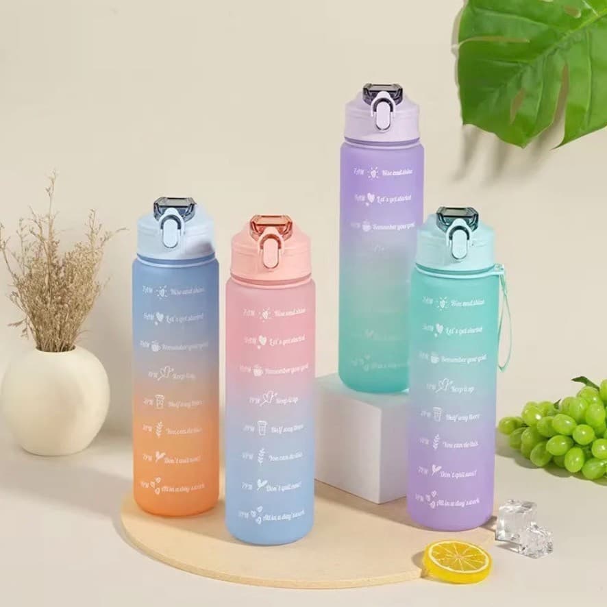 Kit 2 Garrafas Garrafinha 26Cm 750ML E 300ML Colorida Com Adesivos, Garrafa Frases Motivacionais e Horários