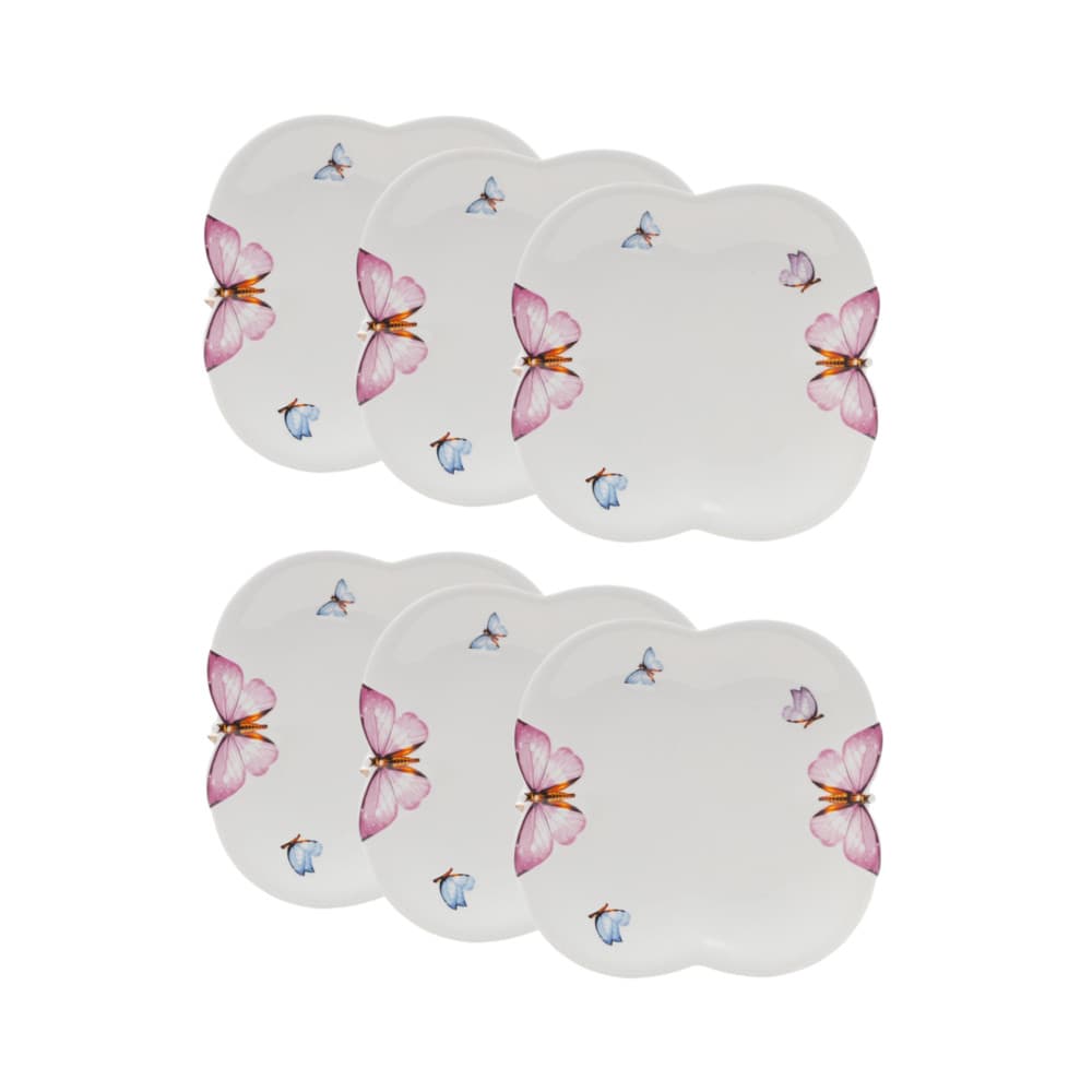 Cj 6 Pratos para Sobremesa de Porcelana Branca Borboletas 19cm Wolff