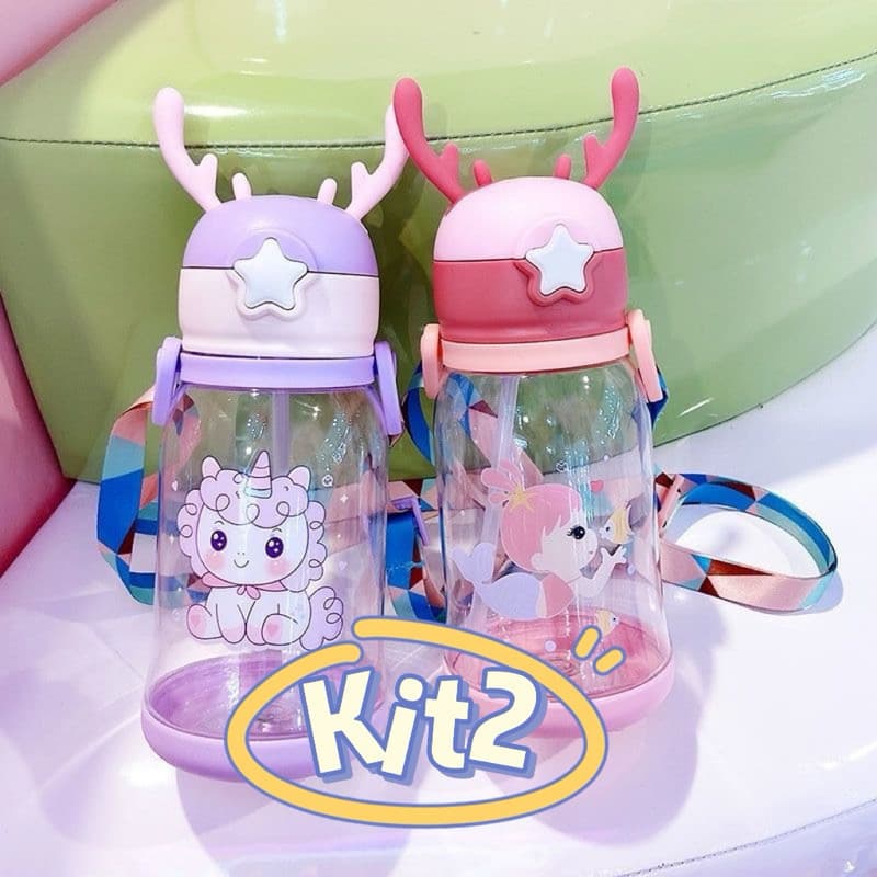 Kit 2 Garrafas De Alce Água Infantil Criança Portátil Com Canudo Desenho Multicolorido Menina Radimi