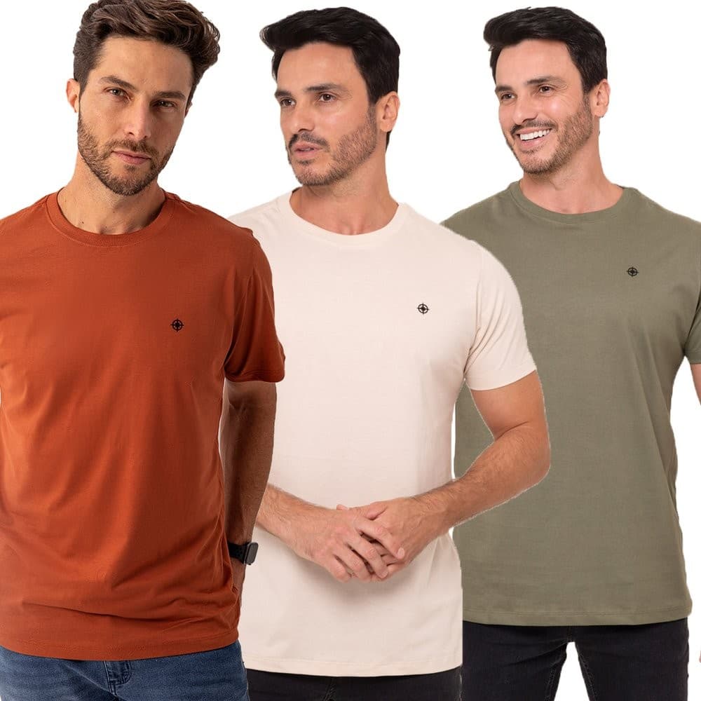 Kit 3 Camisetas Algodão Premium Casual Masculino Algodão Costura Reforçada Oliva Areia Ferrugem
