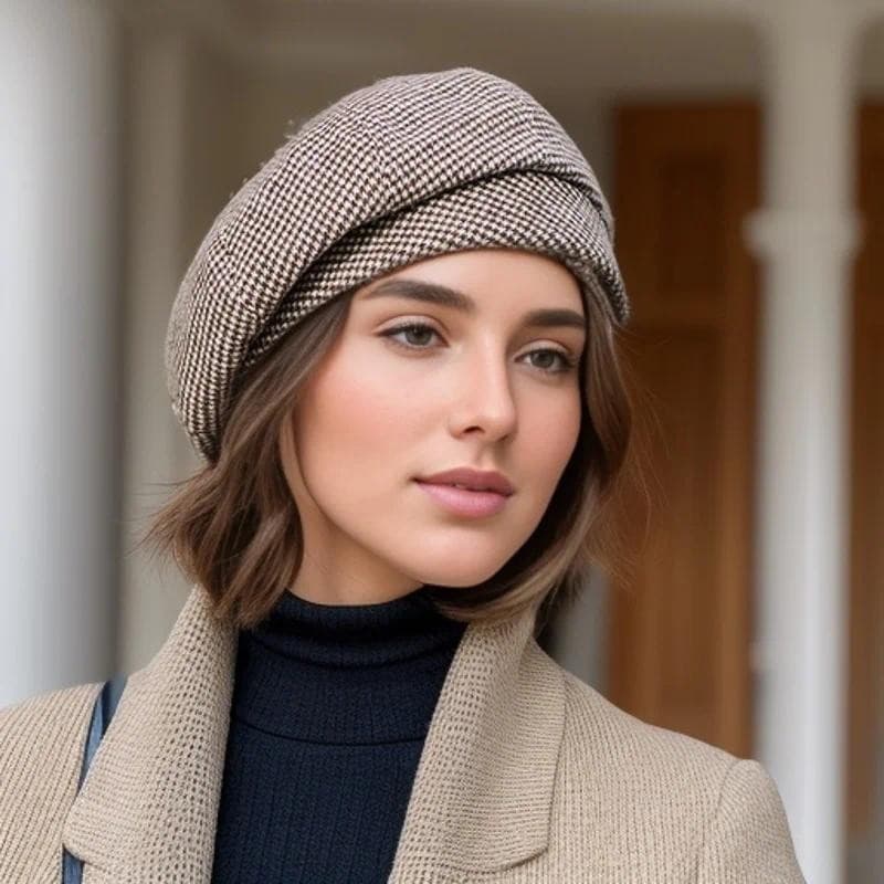 Boina De Lã Feminina Simples Para Mulheres Elegantes Inverno Chapéus De Algodão Xadrez Vintage Octogonal Casual Outono B