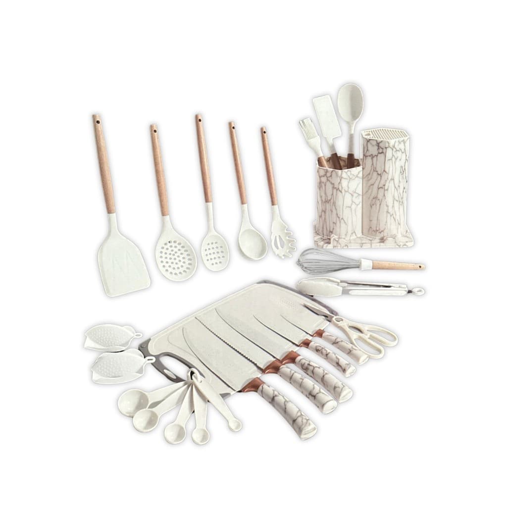 Kit Utensílios De Cozinha Luxo Silicone Branco 25 Pcs Facas