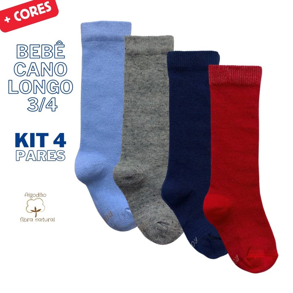 Kit 4 Pares de Meia Quentinha 3/4 Bebe Algodão Lisa Órtese