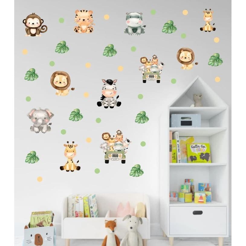Adesivo de Parede Animais Safari + Bolinhas - Papel de Parede Infantil - Adesivo de Parede Infantil Safari Baby SAF31