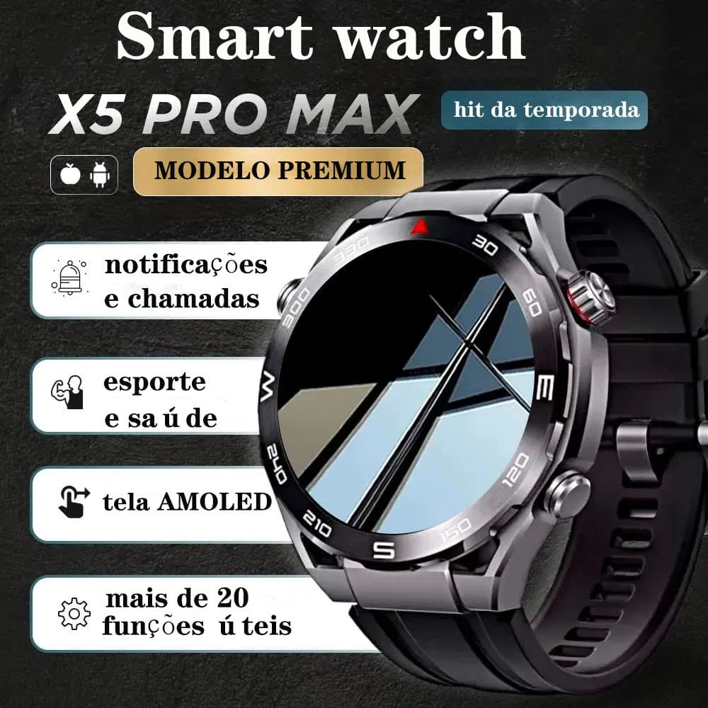 X5 PRO MAX SmartWatch Redondo Relógio Inteligente com Bluetooth, Chamadas, Compatível com Android e iOS, À Prova D'Água