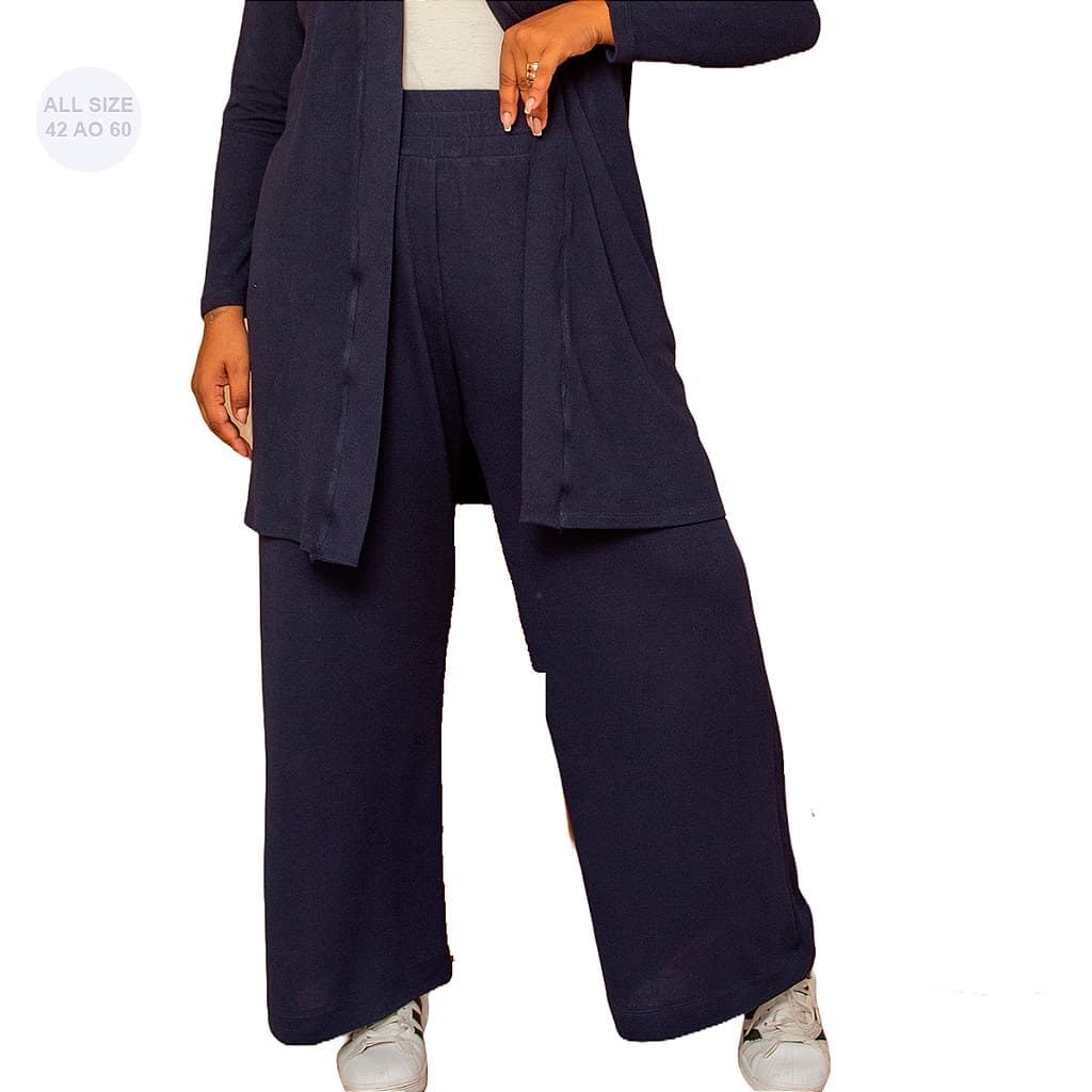 Calça Pantalona Plus Size Azul Marinho Feminina Cintura Alta Malha Lanzinha confortável com bolsos tamanhos do 42 ao 60