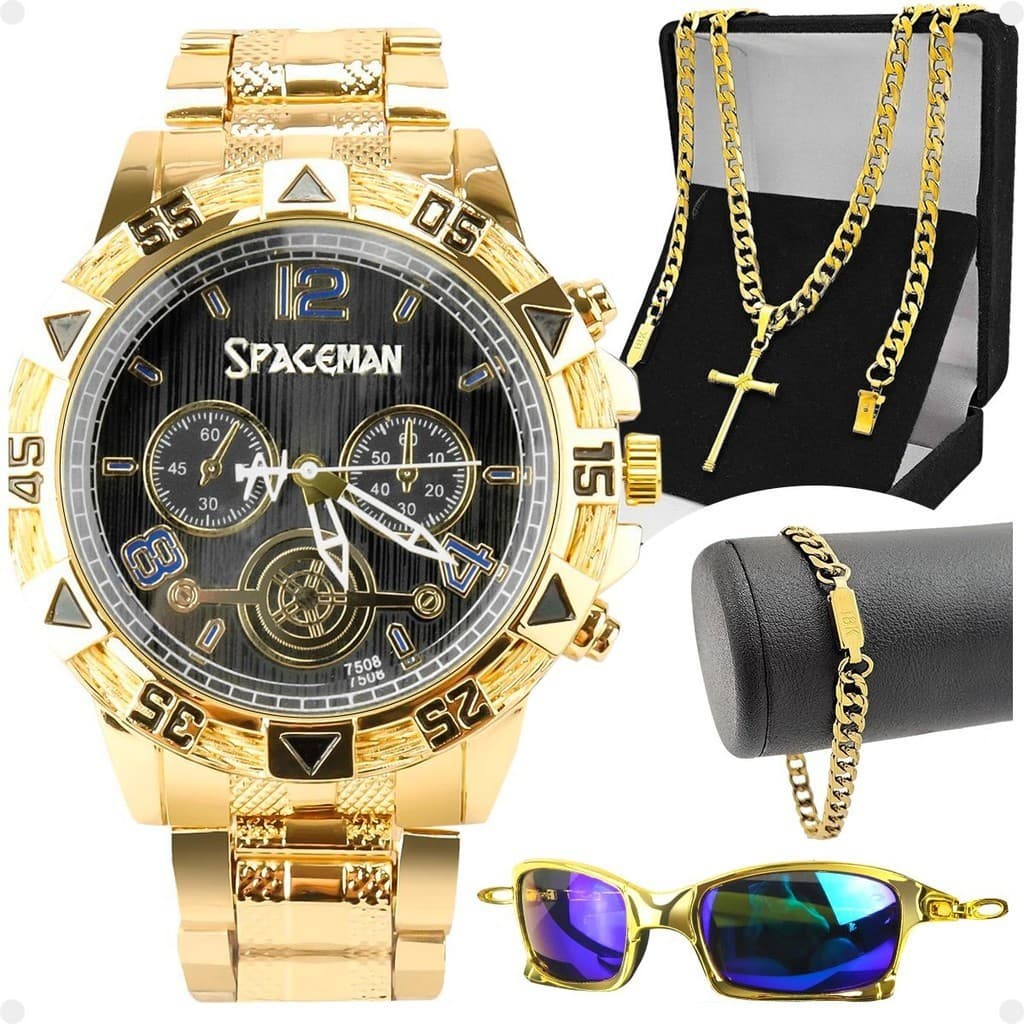 relogio masculino banhado + oculos sol + cordão + pulseira spaceman dragão aço inoxidável presente