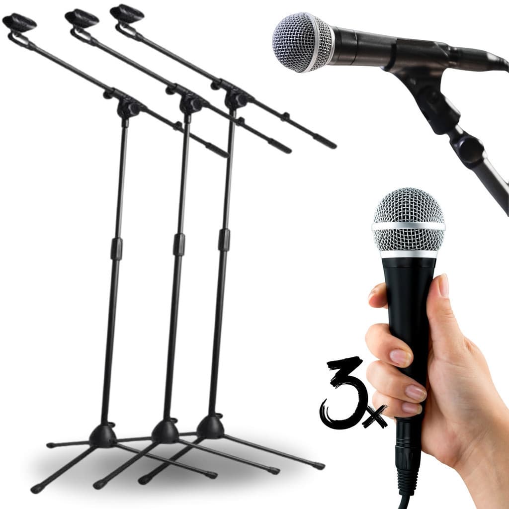 Kit 3 Microfone com Suportes Pedestal Articulado Braço Tripé