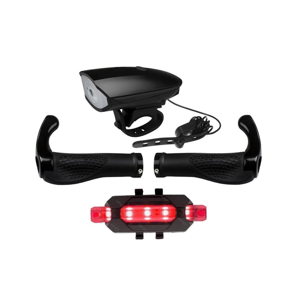 Kit Manopla Chifre Bike Apoio Punho Para Guidão Anatômico + Farol Buzina Lanterna Sinalizador Bike