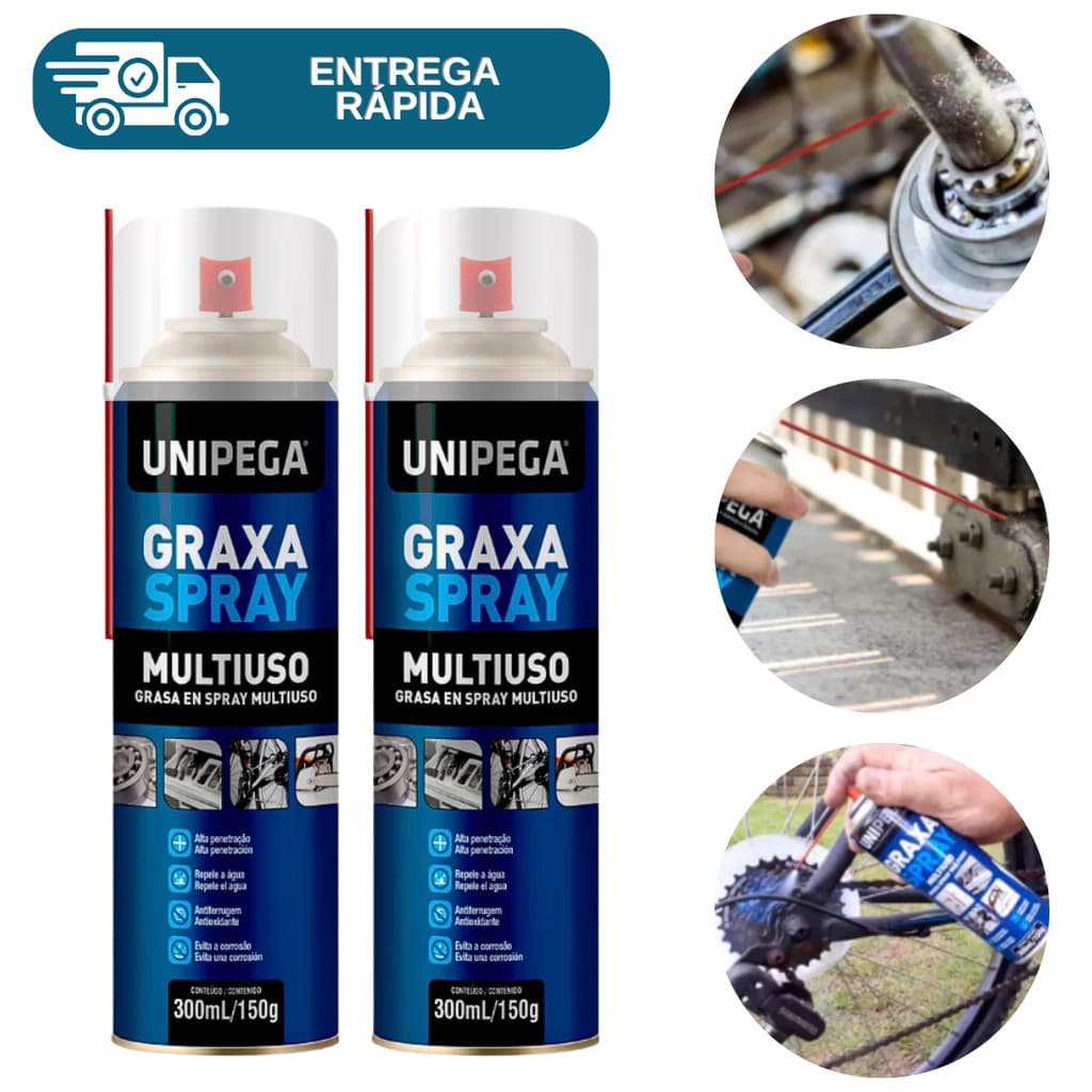 Kit 2 Graxa Spray Lubrificante Multiuso 300ml Unipega Bicicleta Moto Rolamento Trilho Engrenagem