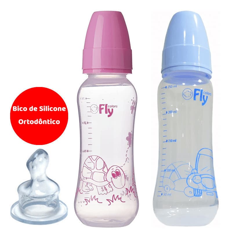 Mamadeira Atóxica Fly Colors 250ml Bico Silicone Ortodôntico Bebê
