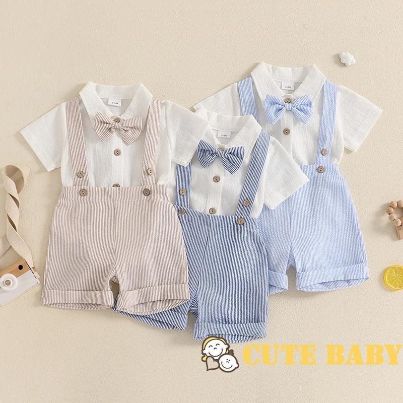 Eph-Conjunto Infantil Bebê para Meninos, Macacão de Manga Curta com Shorts Listrados e Gravata Borboleta,0-18 Meses