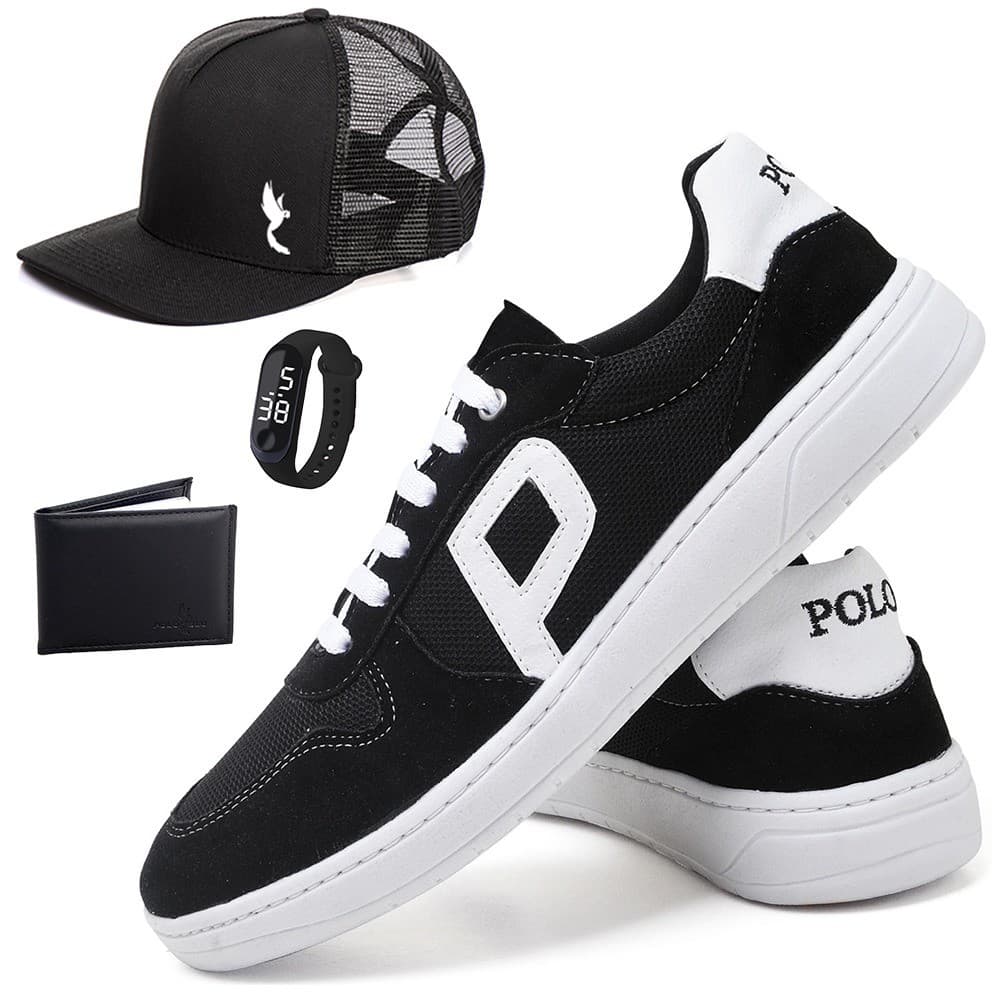 Kit Sapatênis Unissex Casual Sintético Polo Blu com Relógio Digital + Boné + Carteira do 34 ao 44
