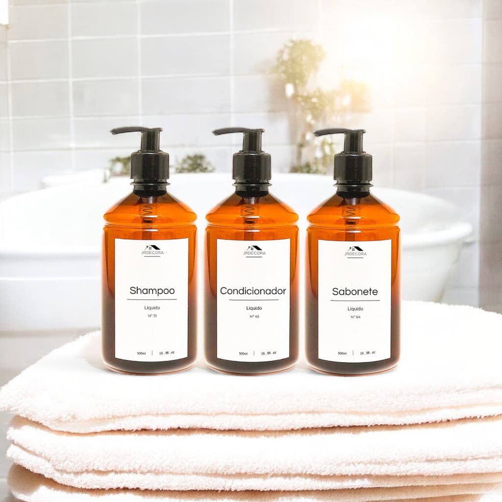 Kit Frascos Âmbar 3Pçs 500ml Shampoo Condicionador Sabonete