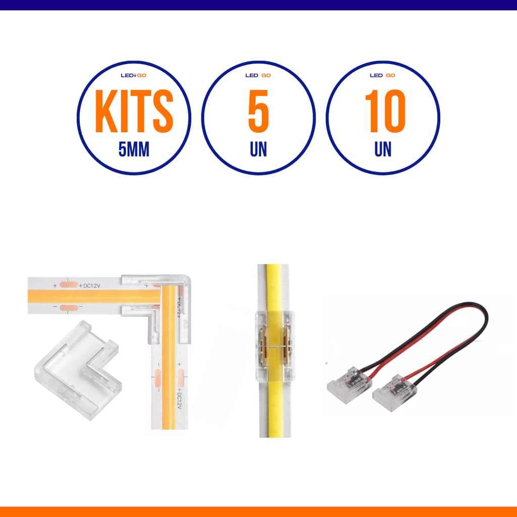 Conectores 5mm Conector Para Fita LED COB ou 240leds Kit com 5 10 Unidades Un Rabicho L e Reto Angulo 90 Graus 3 Kits