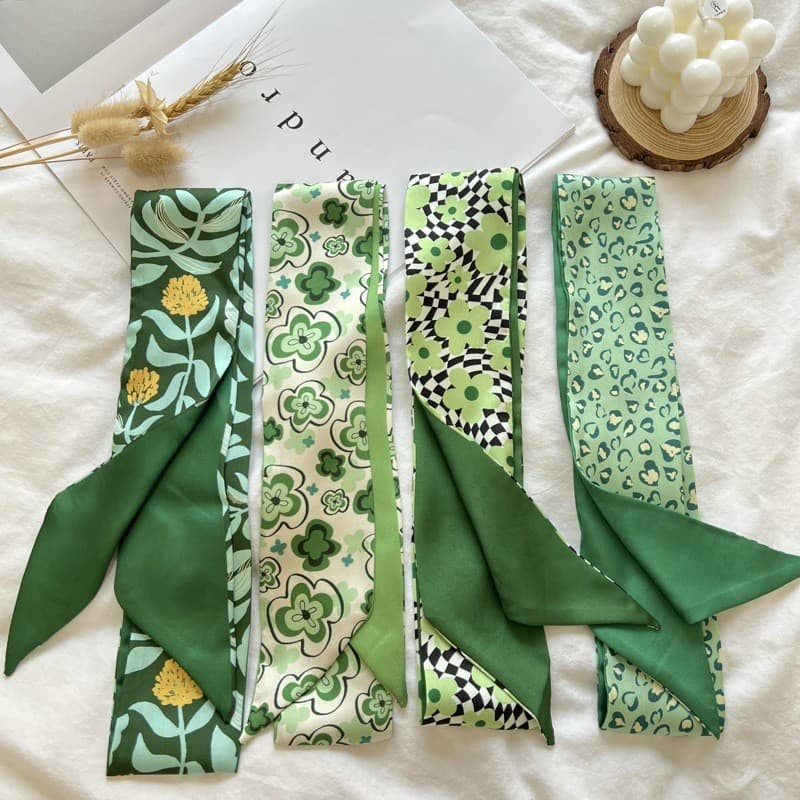 Lenço de Seda Verde Fresco Estilo Coreano para Mulheres, Laço de Cabelo de Moda, Lenço Longo para Primavera e Verão, Ilu