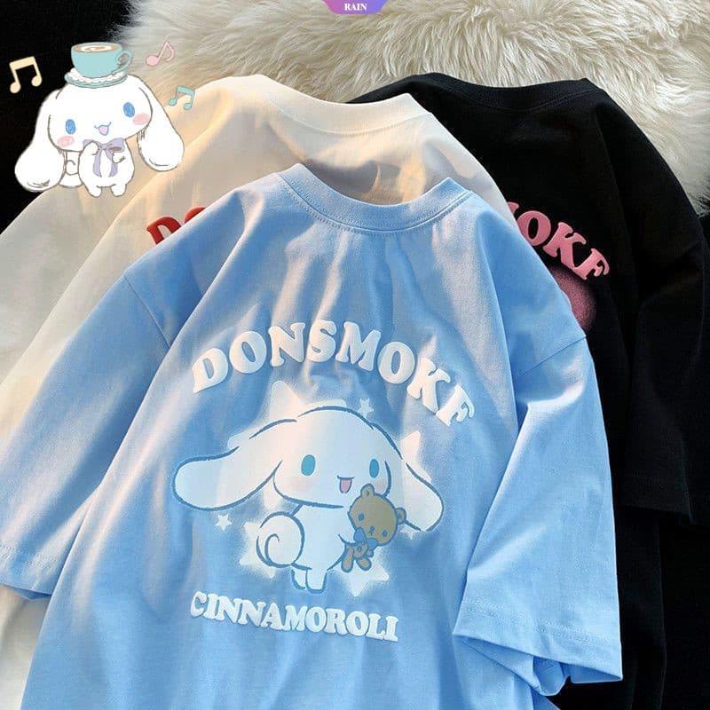 Sanrio Cartoon Cinnamoroll Casal De Verão Camiseta De Manga Curta Versão Solta Para Homens E Mulheres Estudantes [RAIN]