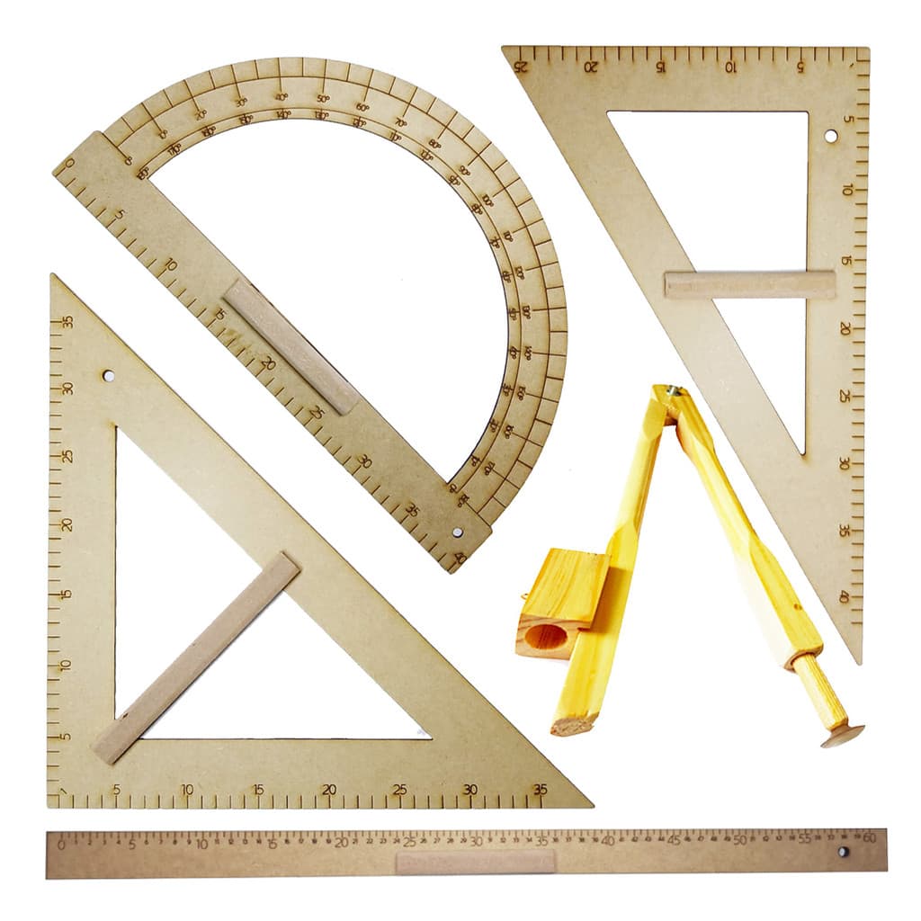 Kit Geométrico Prof. Mdf C/Régua 60 cm Compasso P/Qdr Branco Esquadro 30/60° Esquadro 45° Transferidor 180° Souza ou SB
