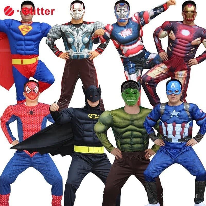 Homem adulto Super-herói Capitão América Hulk Thor Batman Cosplay Halloween Costume Mask Macacão Roupas Para Festas ULVW