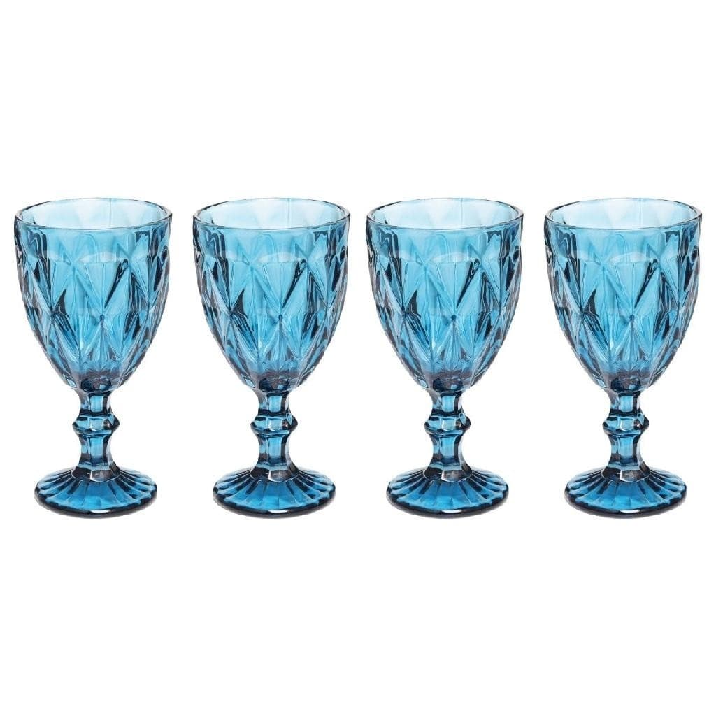 Kit 4 Taças de Vidro Diamond Azul Água Suco 300ML Tendência