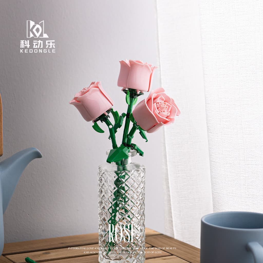 Compatível Lego simulação bloco de construção flor rosa ornamentos de flores interiores meninas presentes do dia dos namorados flores preservadas brinquedos montados