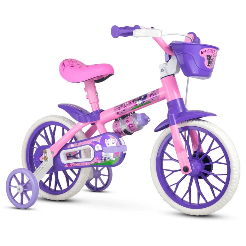 Bicicleta Infantil Nathor Aro 12 Menina CAT Rosa E Roxo Cestinha Criança de 90cm a 1 metro 2 5 Anos