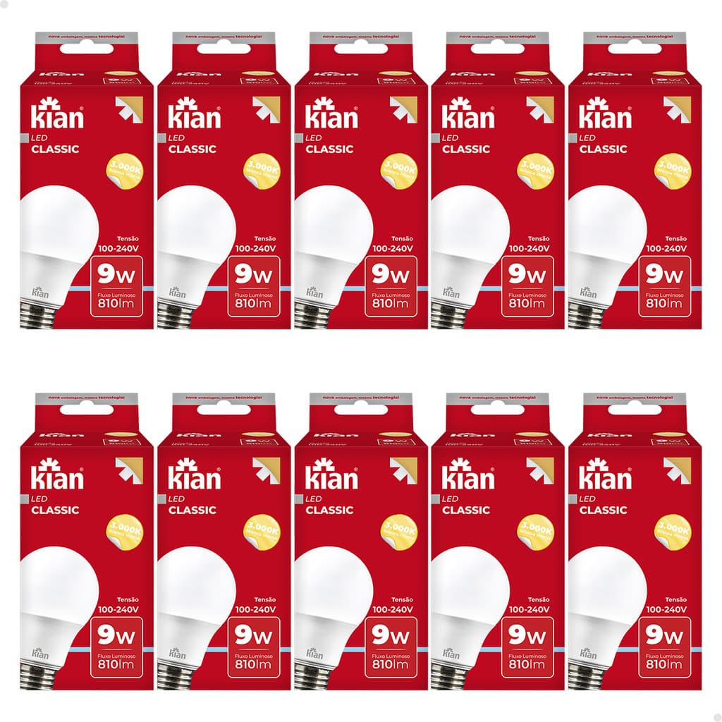 Kit 10 Lâmpada de Led 9w Bulbo 3000k Morna E27 110/220v Kian