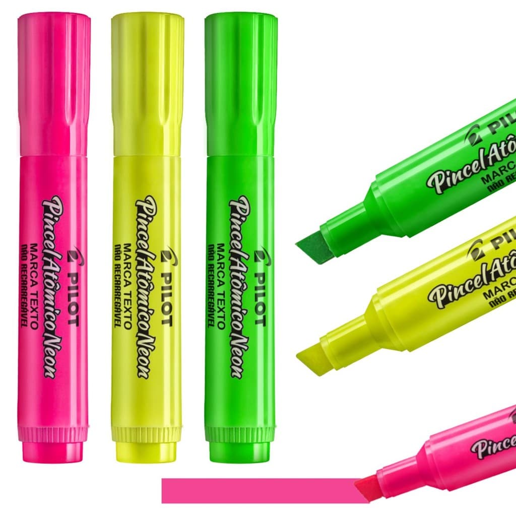 Pincel Atômico Canetão Kit 3 Cores Neon Rosa Amarelo Verde Pilot para Cartaz Avisos Projetos