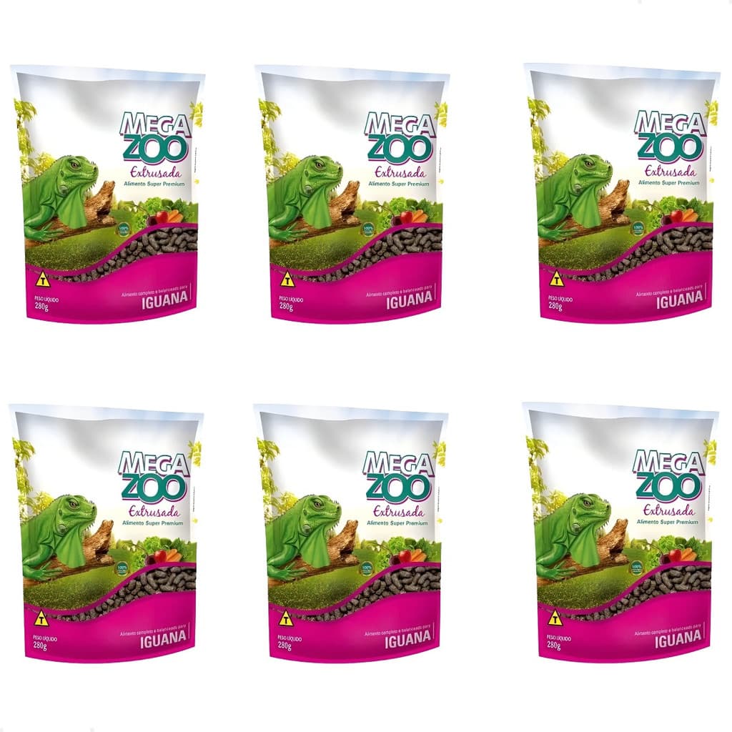 Kit 6 Ração Megazoo Iguanas 280g Super Premium Extrusada Para Répteis Alimento Completo