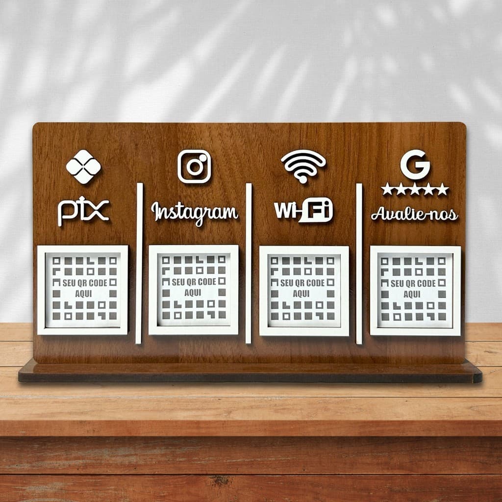 Placa QR Code 4 espaços Pix Instagram Wifi Google De Madeira