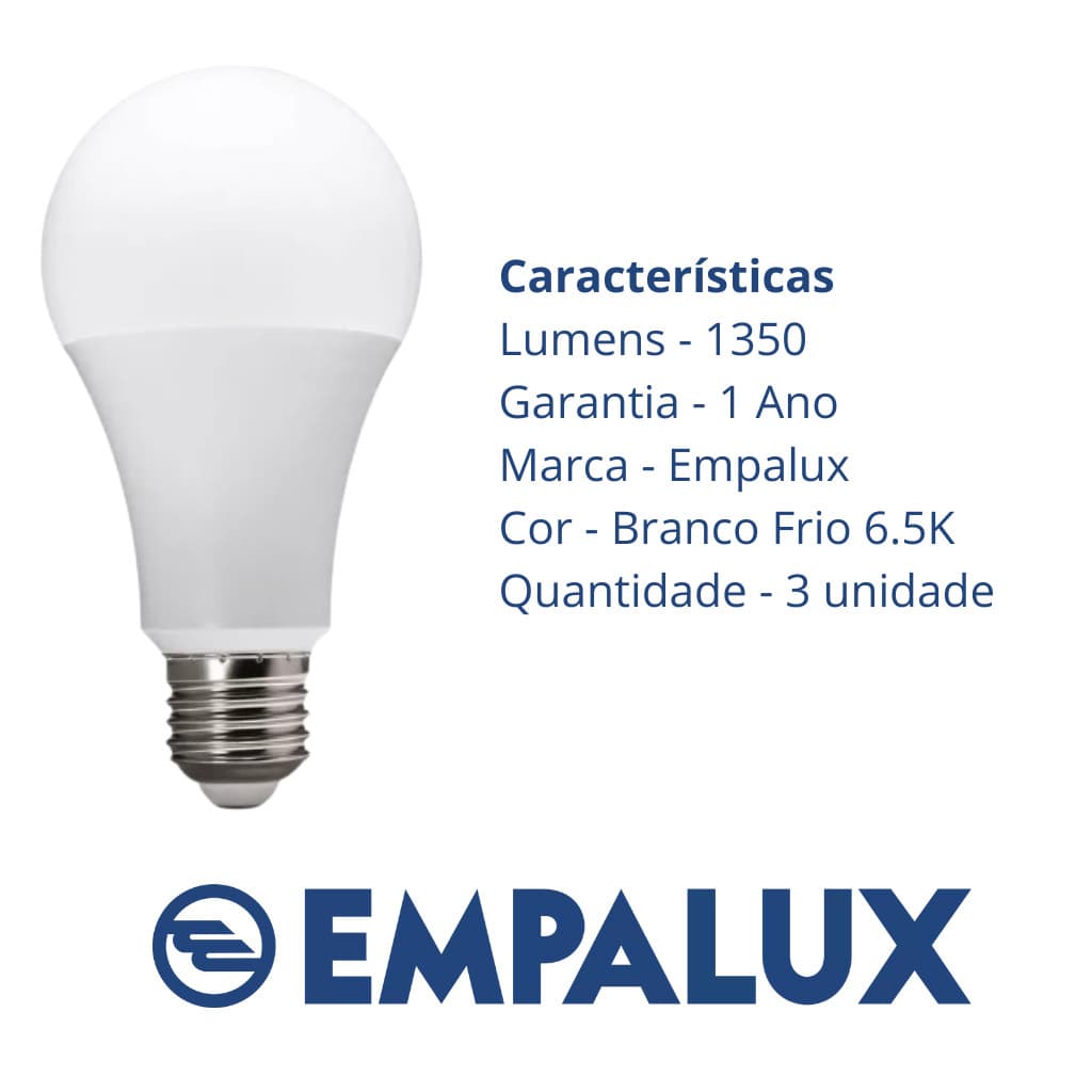 Kit 3 Lâmpadas  Alta Potência 20W ECO 6500K E27 EMPALUX